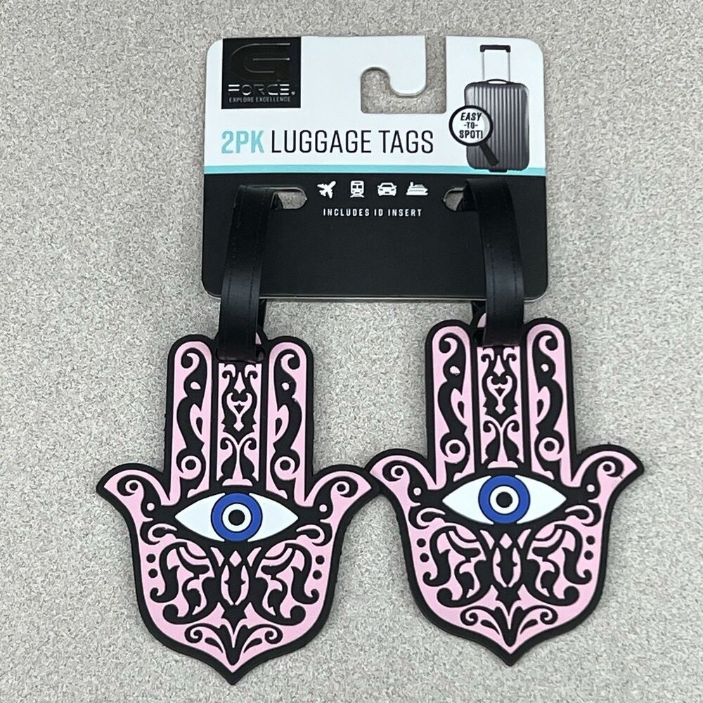 BOHO Hamsa Hand Evil Eye Set of 2 Luggage Tags Pink ID Inserts